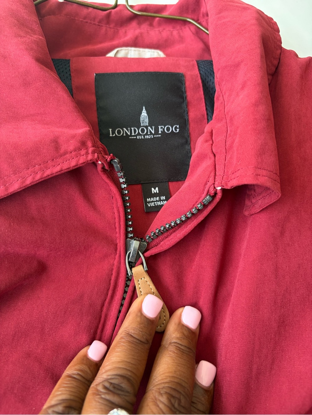 London Fog Red Bomber Jacket with Leather Zip Pull